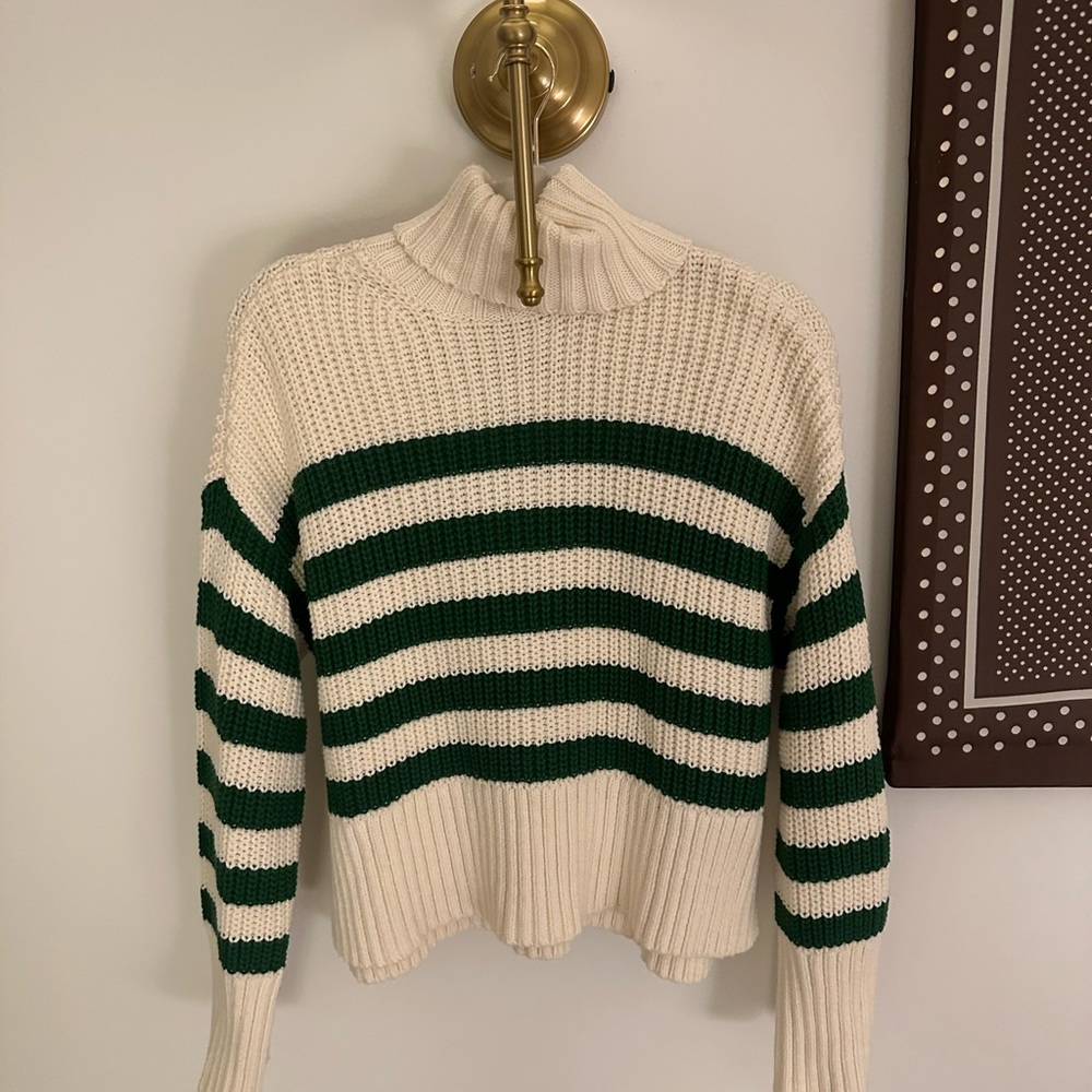 Madewell Cream and Green Striped Turtleneck Sweater